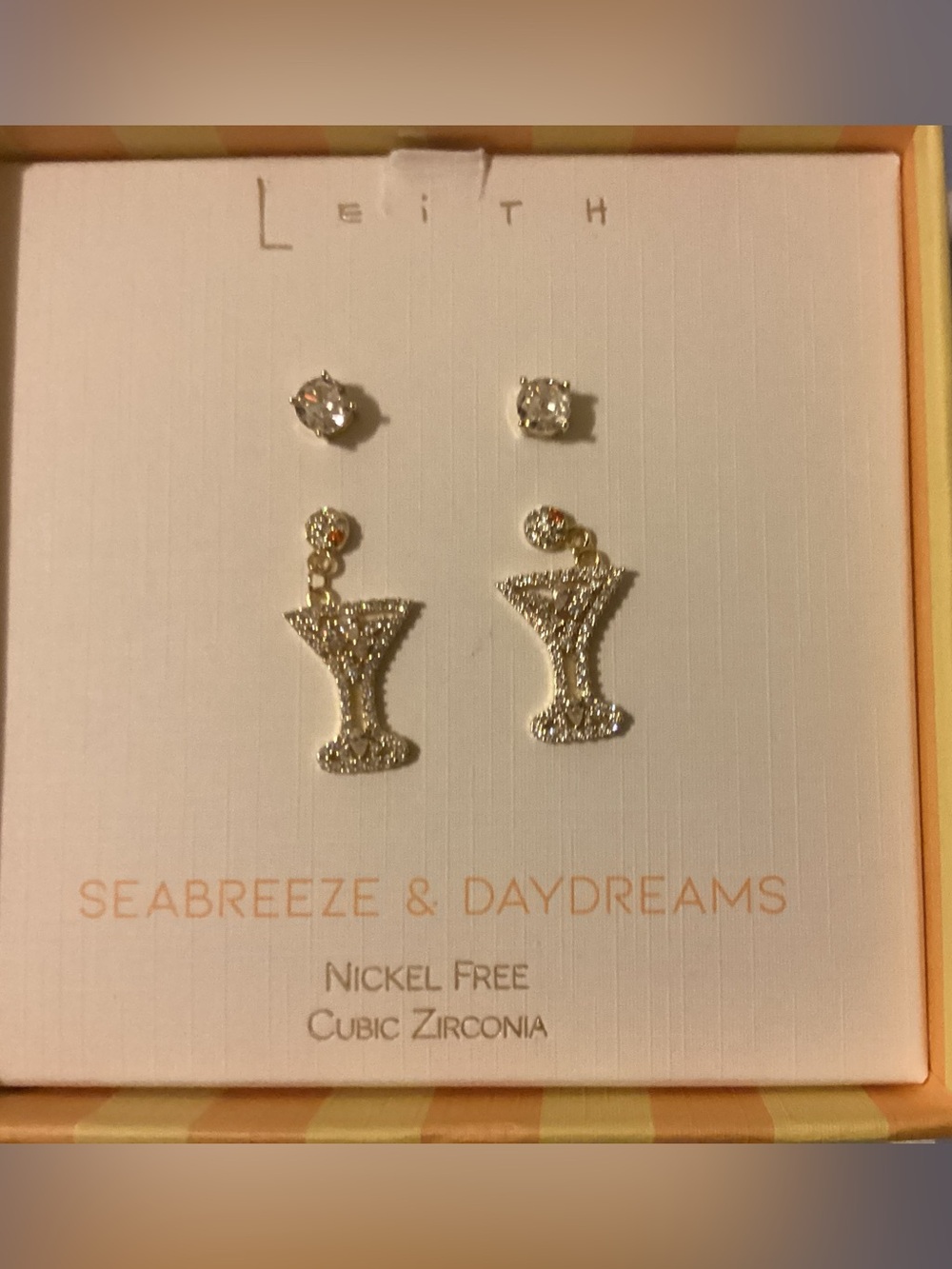Nordstrom Gold-Tone Leith Martini Glass Dangle Earrings with sClear Stones box